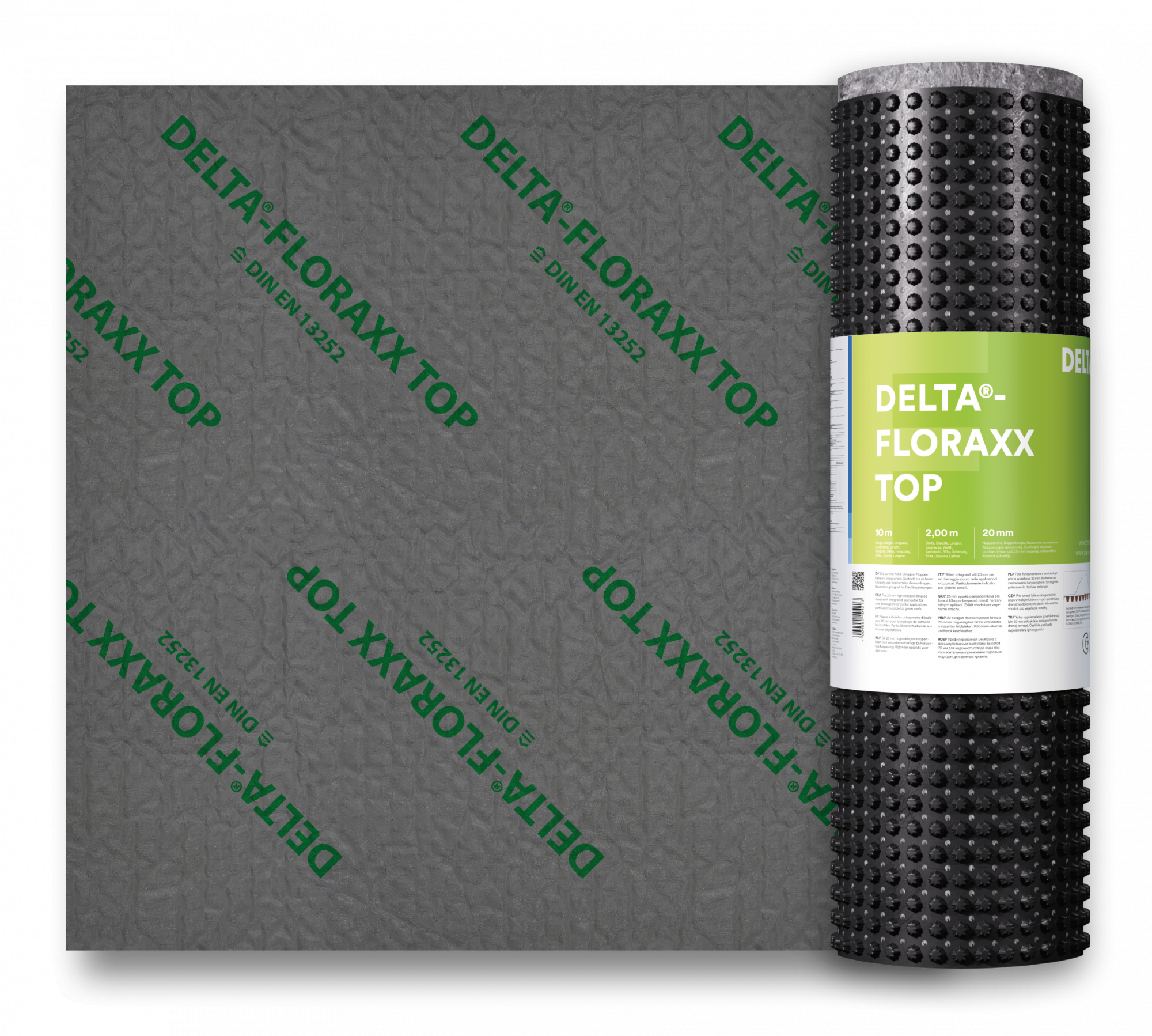 DELTA-FLORAXX TOP дренажная мембрана с выступами высотой 20 мм и геотекстилем для зелёных  крыш, с перфорацией